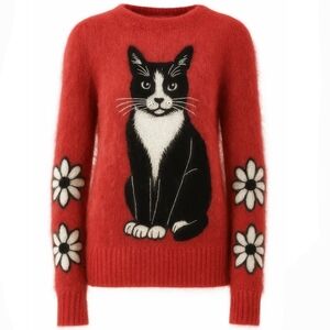 Red Sweater with Cat and Floral Design. NWOT